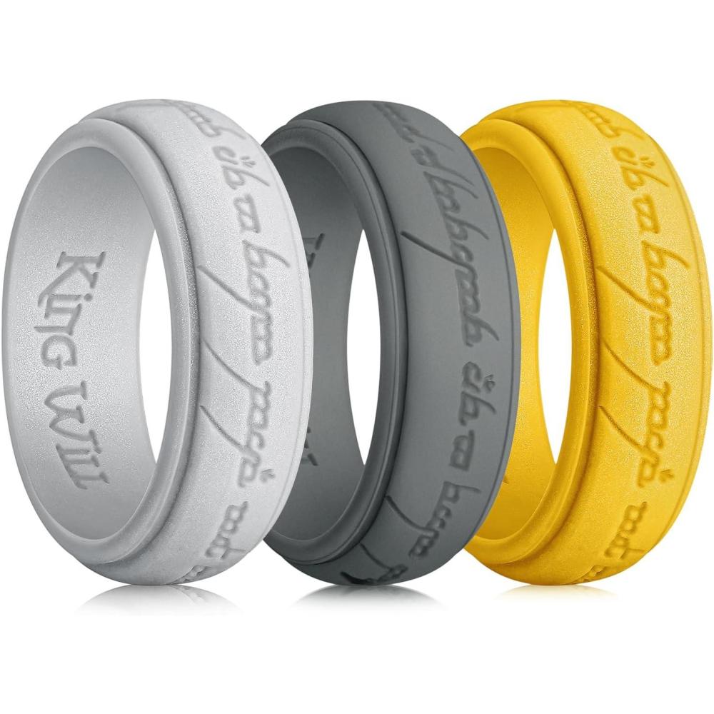 imageKing Will Silicone Wedding Band for Men8mm Width in BrownampampBlueampampOrangeampampGoldampampSliver Breathable Rubber Wedding Ring with Unique Pattern Design Comfort Fit Size 814Dark GreySilverGold