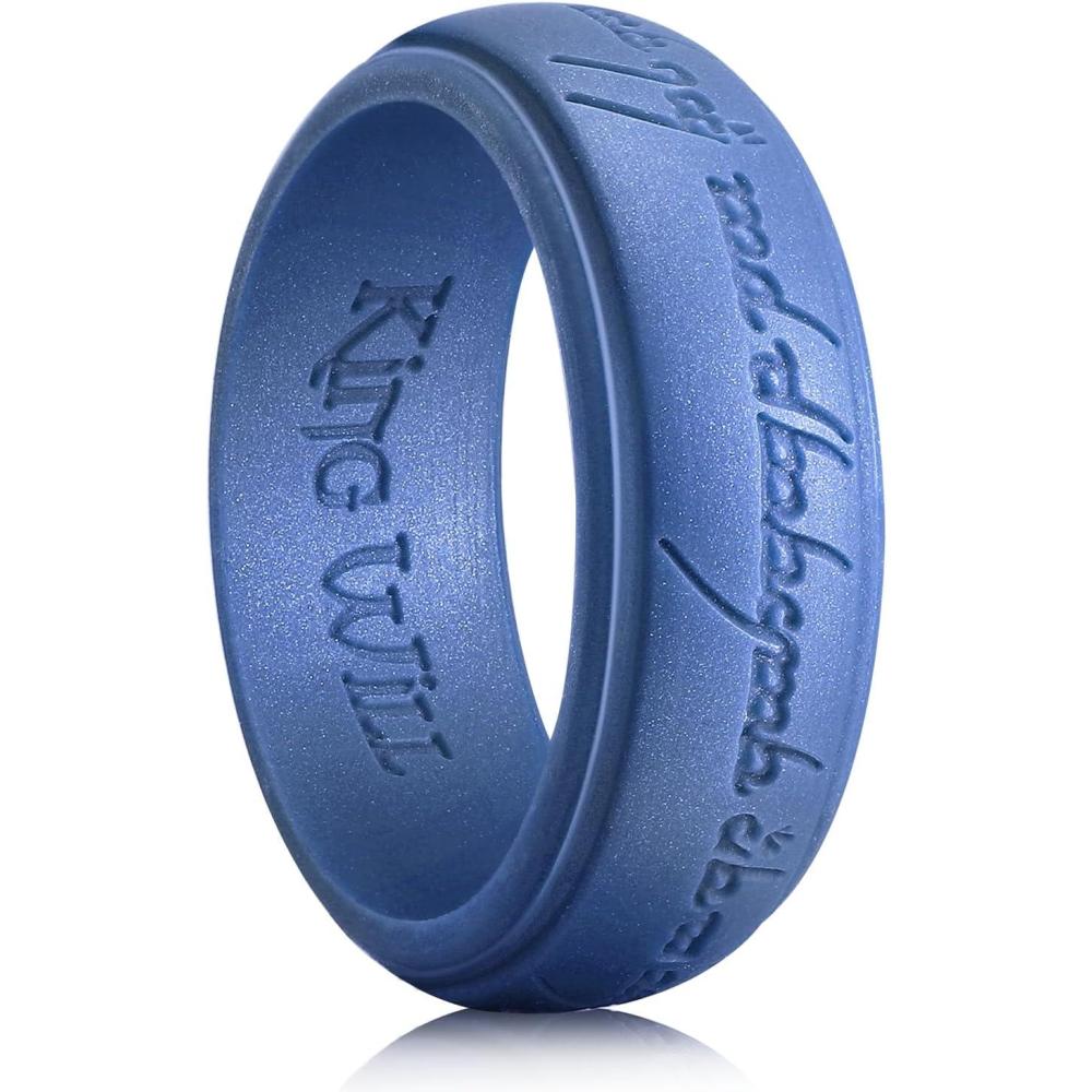 imageKing Will Silicone Wedding Band for Men8mm Width in BrownampampBlueampampOrangeampampGoldampampSliver Breathable Rubber Wedding Ring with Unique Pattern Design Comfort Fit Size 814Light Blue