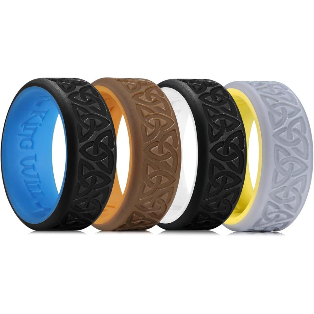 imageKing Will Silicone Wedding Rings For Men 4 Pack Rubber Wedding Bands with Celtic Knot Pattern 8mm Wide 22mm Thick Comfort Fit Size 12