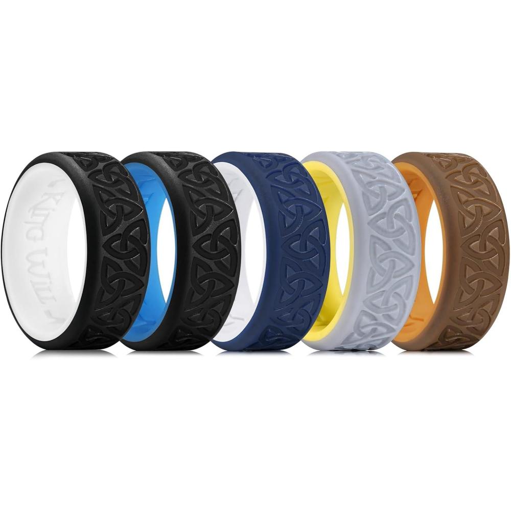 imageKing Will Silicone Wedding Rings For Men 4 Pack Rubber Wedding Bands with Celtic Knot Pattern 8mm Wide 22mm Thick Comfort Fit Size 13Black White Brown Chestnut yellow Gray Yellow Blue White Black Blue