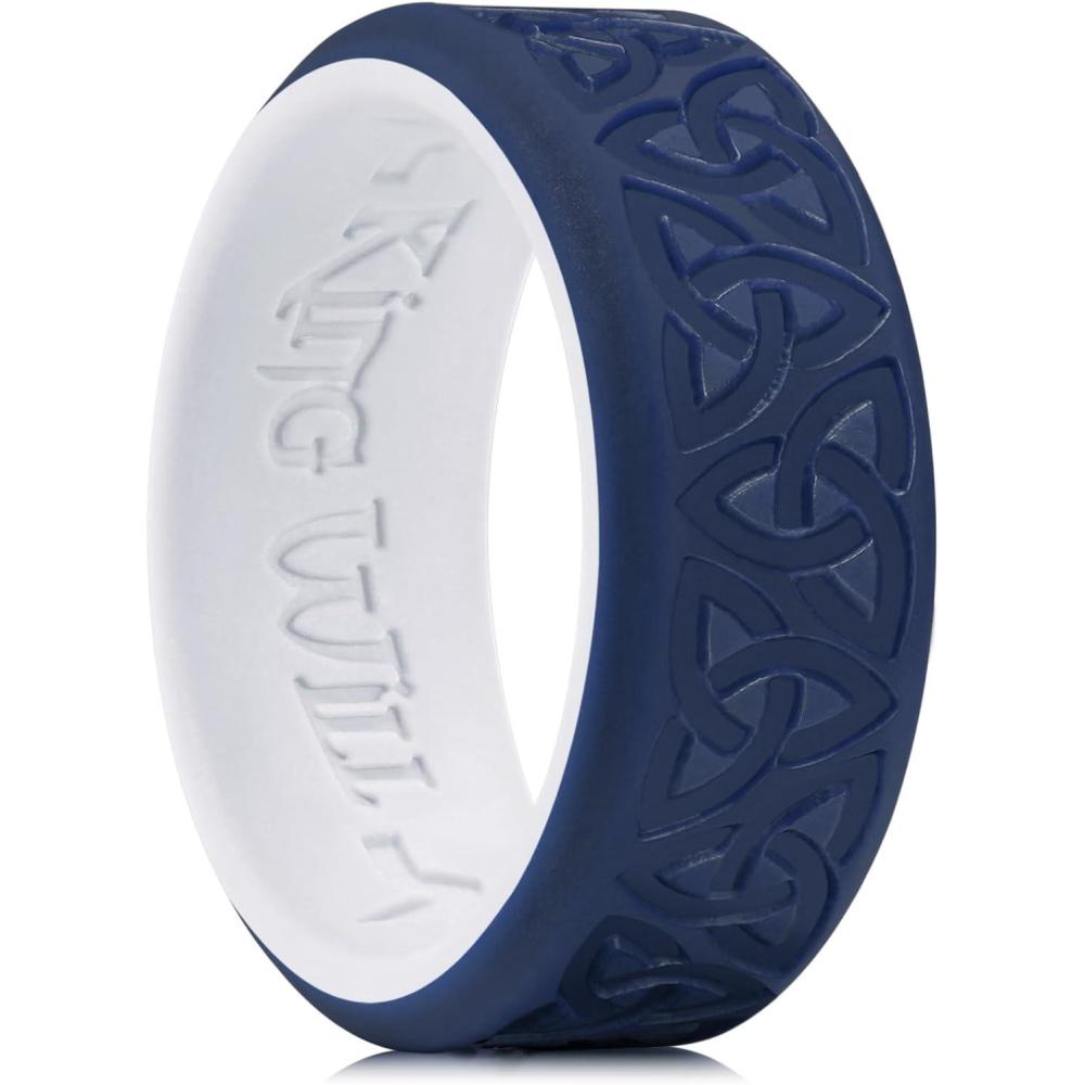 imageKing Will Silicone Wedding Rings For Men 4 Pack Rubber Wedding Bands with Celtic Knot Pattern 8mm Wide 22mm Thick Comfort Fit Size 13Blue White