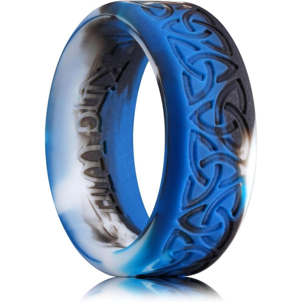 imageKing Will Silicone Wedding Rings For Men 4 Pack Rubber Wedding Bands with Celtic Knot Pattern 8mm Wide 22mm Thick Comfort Fit Size 13Blue Camouflage