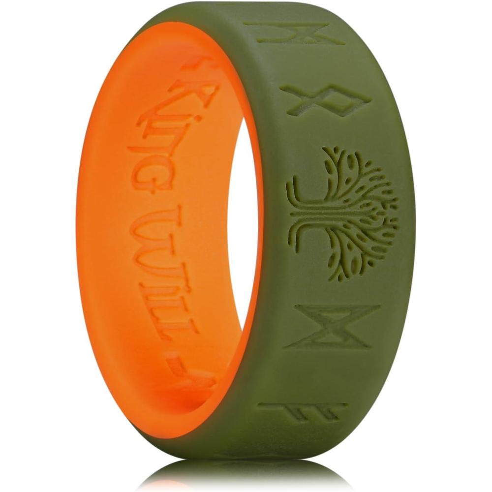 imageKing Will Silicone Wedding Rings For Men 4 Pack Rubber Wedding Bands with Celtic Knot Pattern 8mm Wide 22mm Thick Comfort Fit Size 13Green Orange Runes