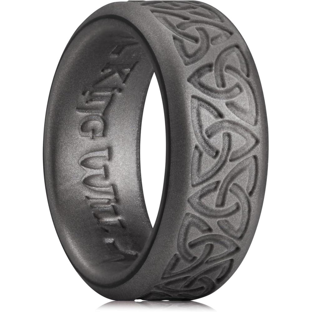imageKing Will Silicone Wedding Rings For Men 4 Pack Rubber Wedding Bands with Celtic Knot Pattern 8mm Wide 22mm Thick Comfort Fit Size 13Metallic Platinum