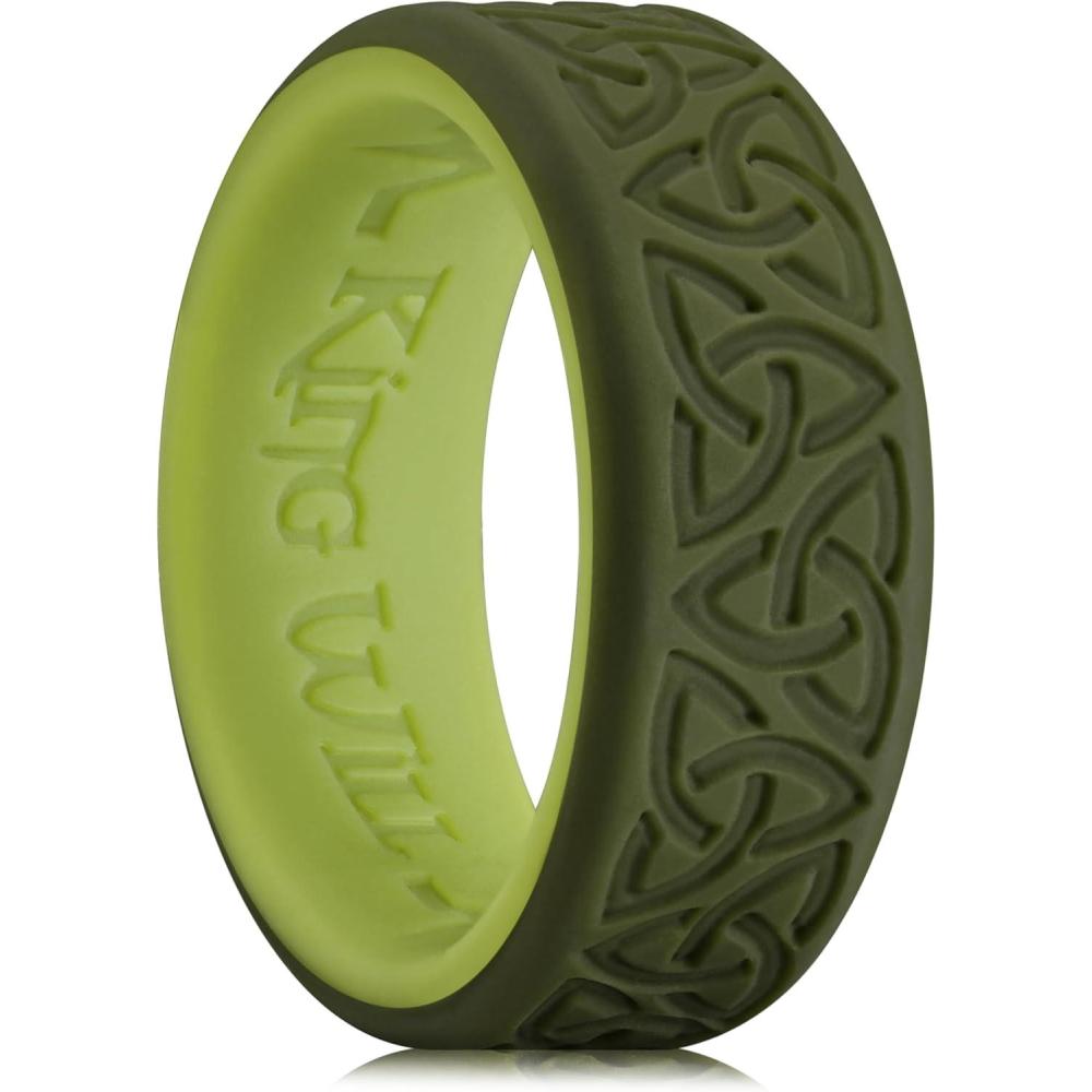 imageKing Will Silicone Wedding Rings For Men 4 Pack Rubber Wedding Bands with Celtic Knot Pattern 8mm Wide 22mm Thick Comfort Fit Size 13TwoTone Dark Green