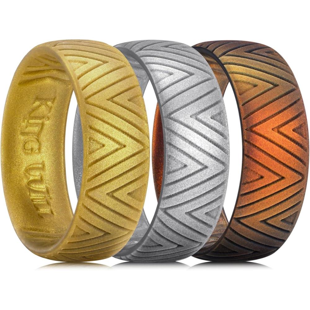 imageKing Will Silicone Wedding Rings For Men 66mm Wide 18mm Thick TriangularStarFlower Pattern Design Rubber Wedding Bands Breathable Design Comfort Fit Size 713GoldMetallic Dark GraySunset orange