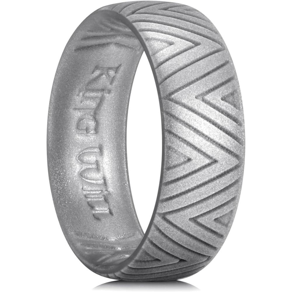 imageKing Will Silicone Wedding Rings For Men 66mm Wide 18mm Thick TriangularStarFlower Pattern Design Rubber Wedding Bands Breathable Design Comfort Fit Size 713AMetallic Dark Gray