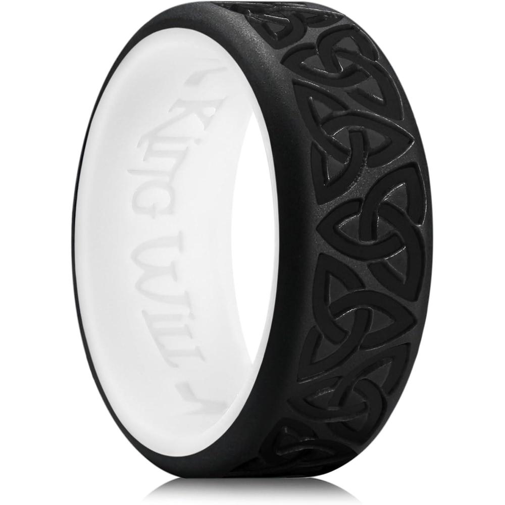 imageKing Will Silicone Wedding Rings For Men Black ampamp White Rubber Wedding Bands with Celtic Knot Pattern 8mm Wide 22mm Thick Comfort Fit Size 9