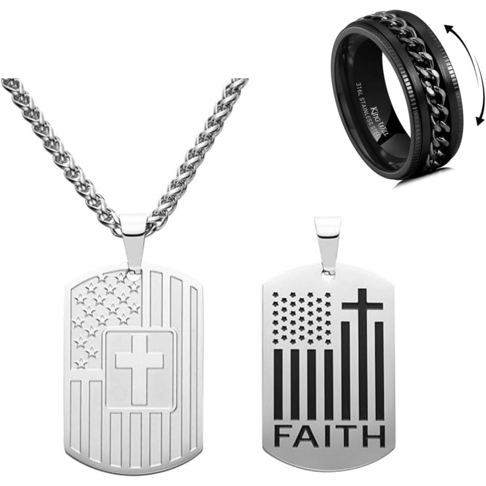 imageKing Will Stainless Steel Men Chain Fidget Spinner Ring and Stainless Steel Necklace with Two Alternative Pendants