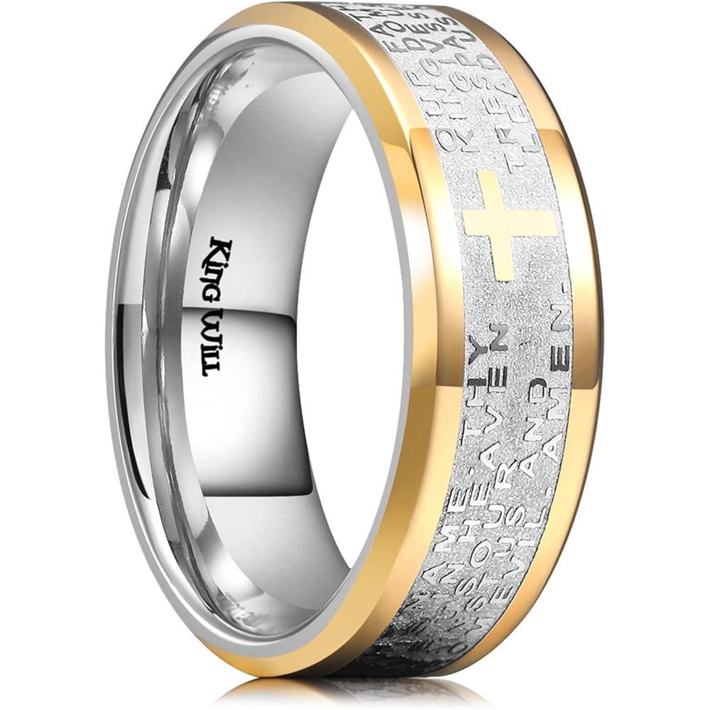imageKing Will Stainless Steel Men Ring 8mm Lords Prayer Cross Ring Stainless Steel Men Wedding Ring GoldSilverBlack Wedding Band Bible Engraved Rings High Polished Comfort Fit Size 714Gold