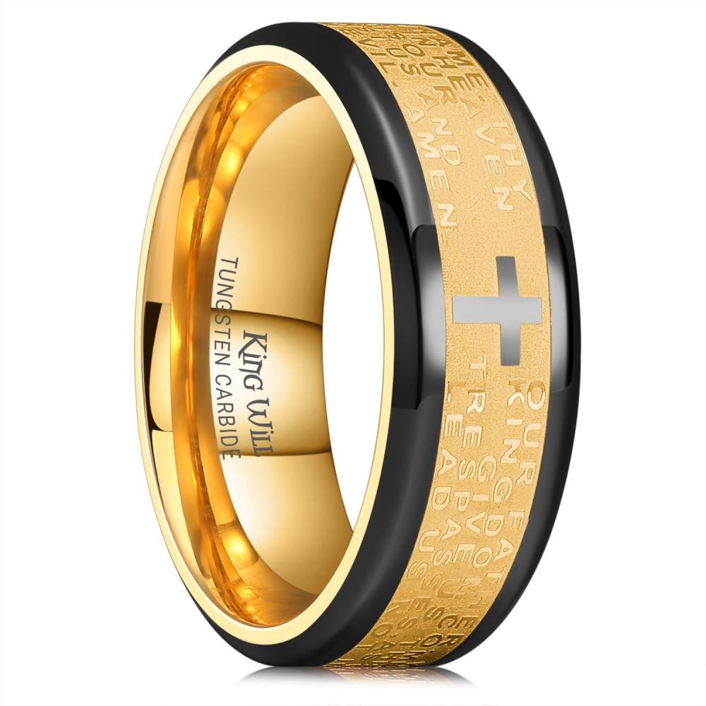 imageKing Will Stainless Steel Men Ring 8mm Lords Prayer Cross Ring Stainless Steel Men Wedding Ring GoldSilverBlack Wedding Band Bible Engraved Rings High Polished Comfort Fit Size 714GoldBlack