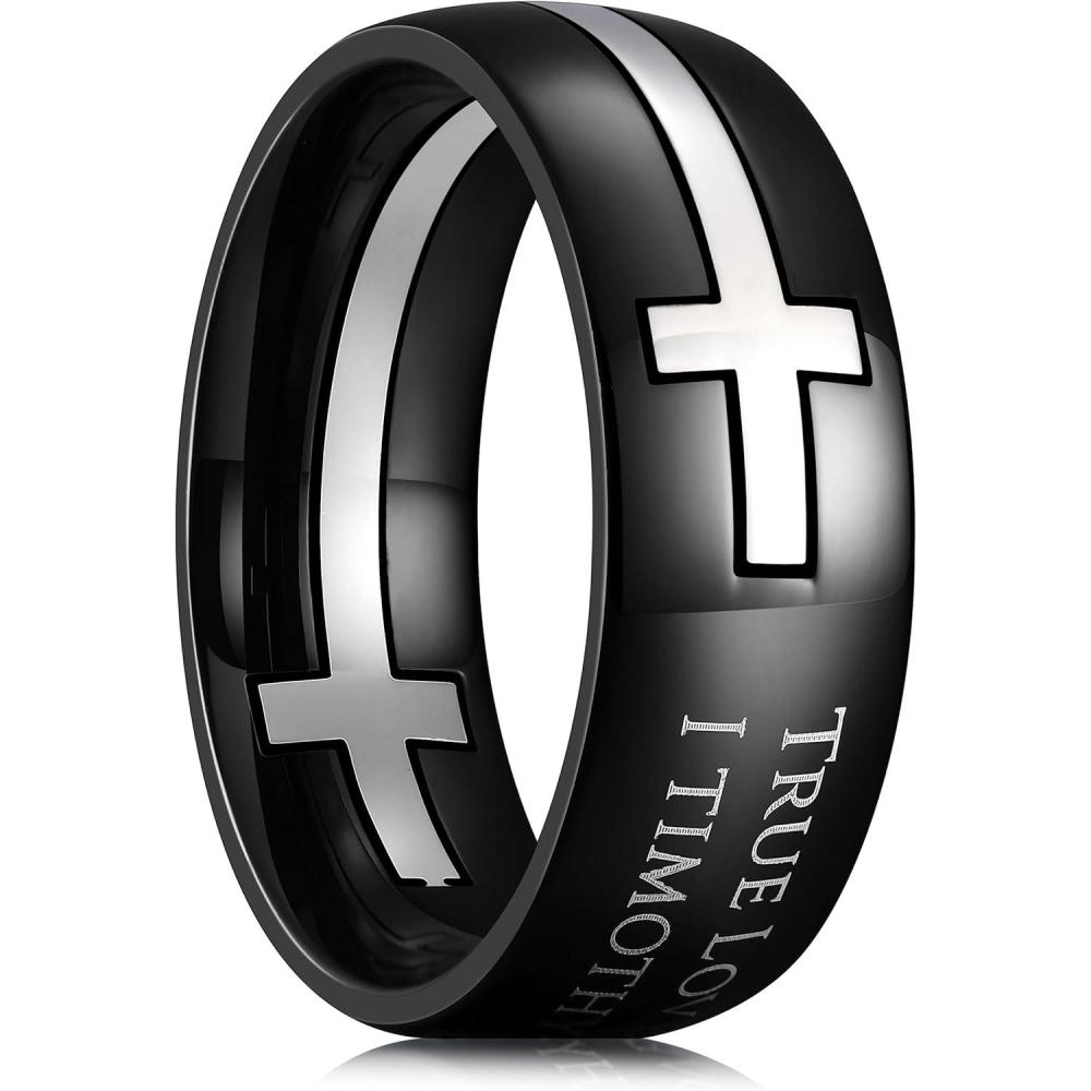 imageKing Will Stainless Steel Men Ring 8mm Lords Prayer Cross Ring Stainless Steel Men Wedding Ring GoldSilverBlack Wedding Band Bible Engraved Rings High Polished Comfort Fit Size 714Black Silver