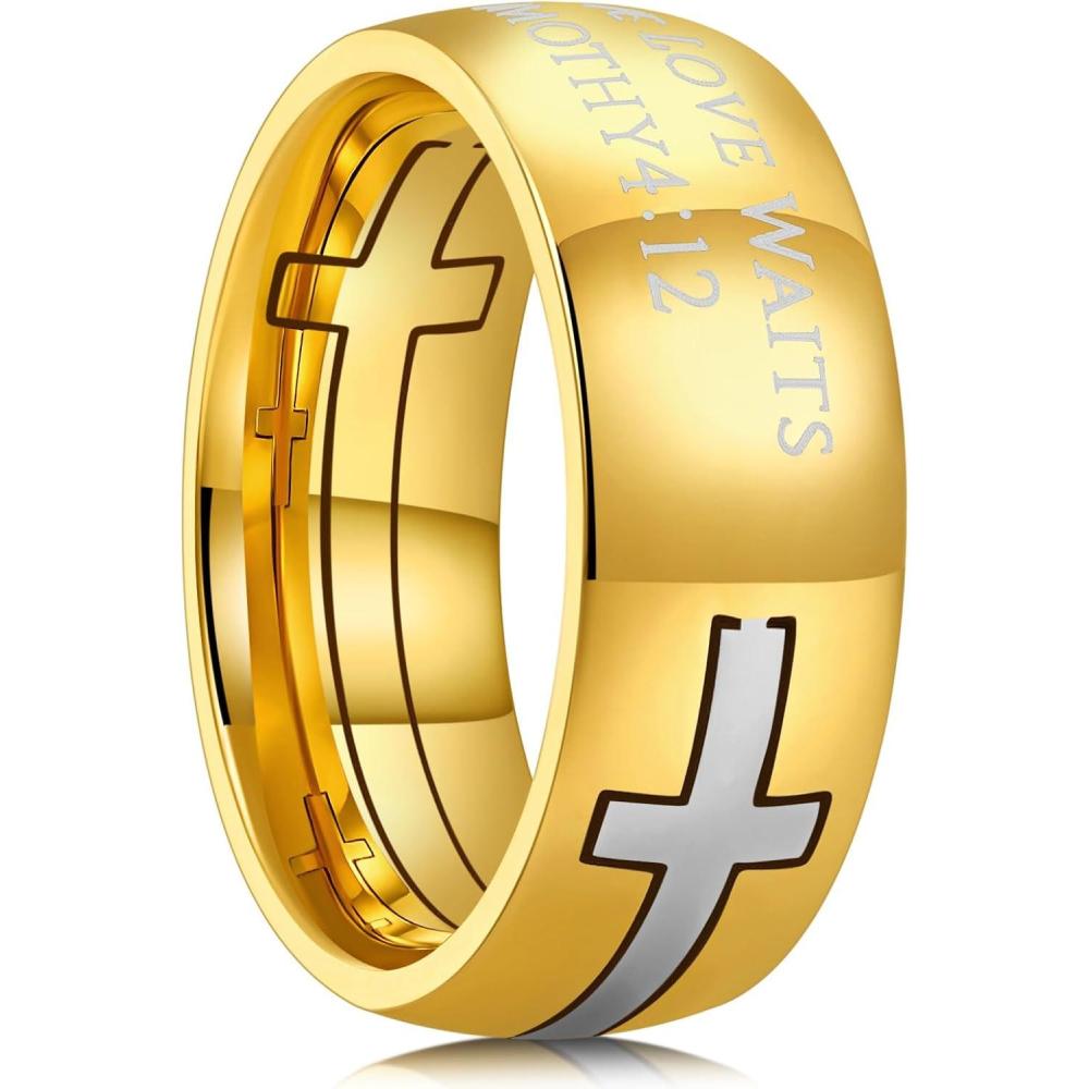 imageKing Will Stainless Steel Men Ring 8mm Lords Prayer Cross Ring Stainless Steel Men Wedding Ring GoldSilverBlack Wedding Band Bible Engraved Rings High Polished Comfort Fit Size 714Gold Silver