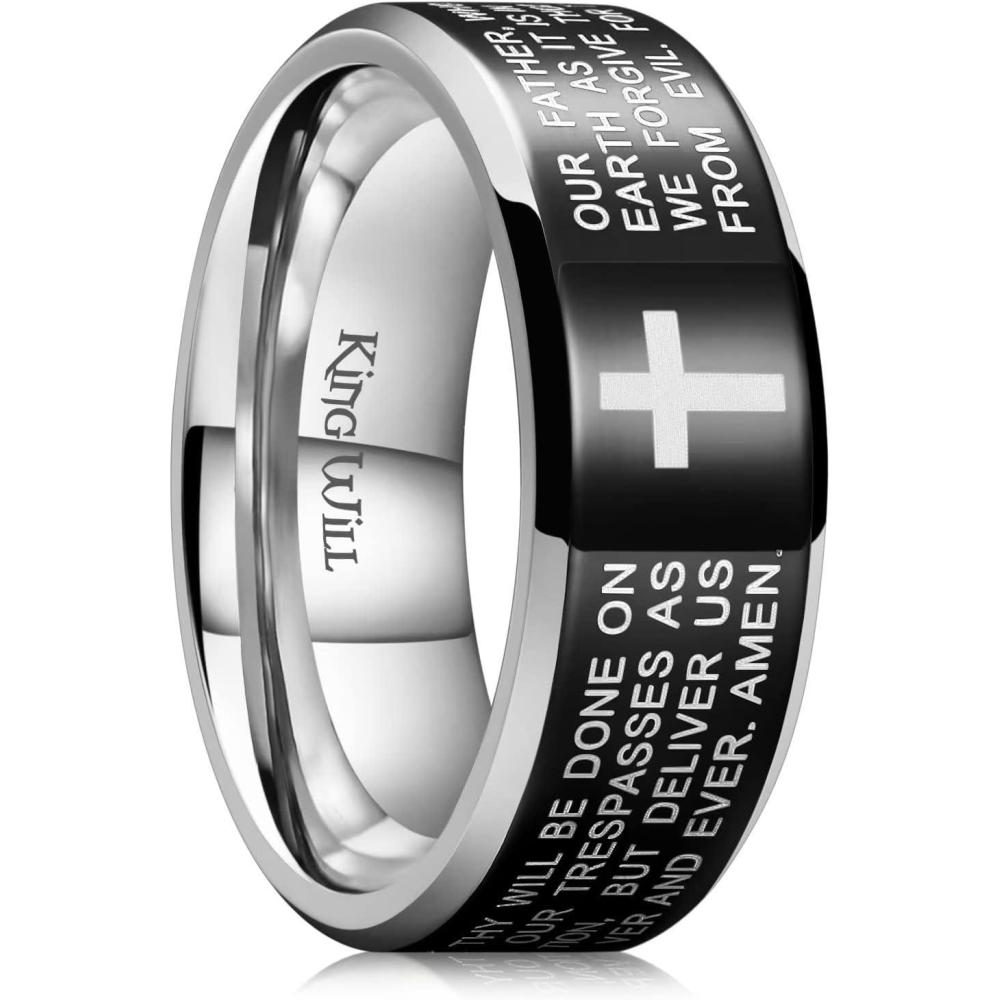 imageKing Will Stainless Steel Men Ring 8mm Lords Prayer Cross Ring Stainless Steel Men Wedding Ring GoldSilverBlack Wedding Band Bible Engraved Rings High Polished Comfort Fit Size 714black polish