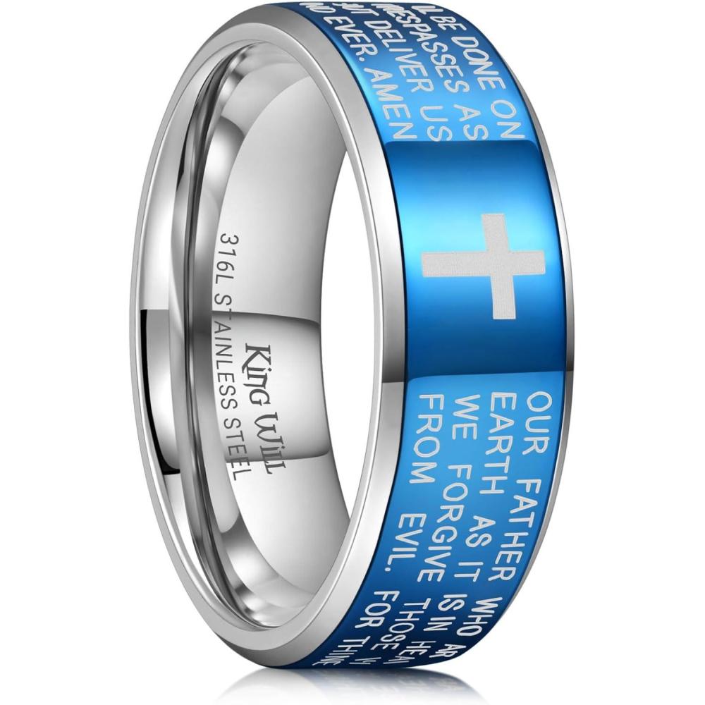 imageKing Will Stainless Steel Men Ring 8mm Lords Prayer Cross Ring Stainless Steel Men Wedding Ring GoldSilverBlack Wedding Band Bible Engraved Rings High Polished Comfort Fit Size 714blue polish