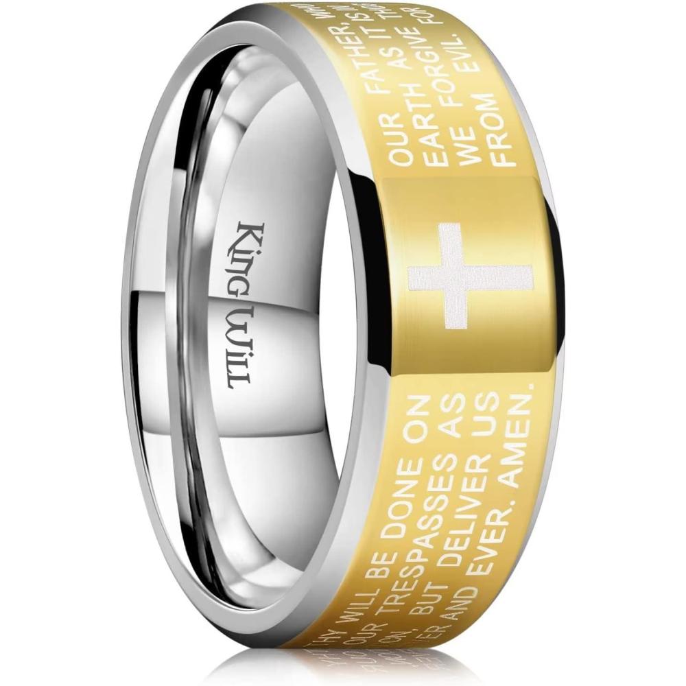 imageKing Will Stainless Steel Men Ring 8mm Lords Prayer Cross Ring Stainless Steel Men Wedding Ring GoldSilverBlack Wedding Band Bible Engraved Rings High Polished Comfort Fit Size 714gold polish