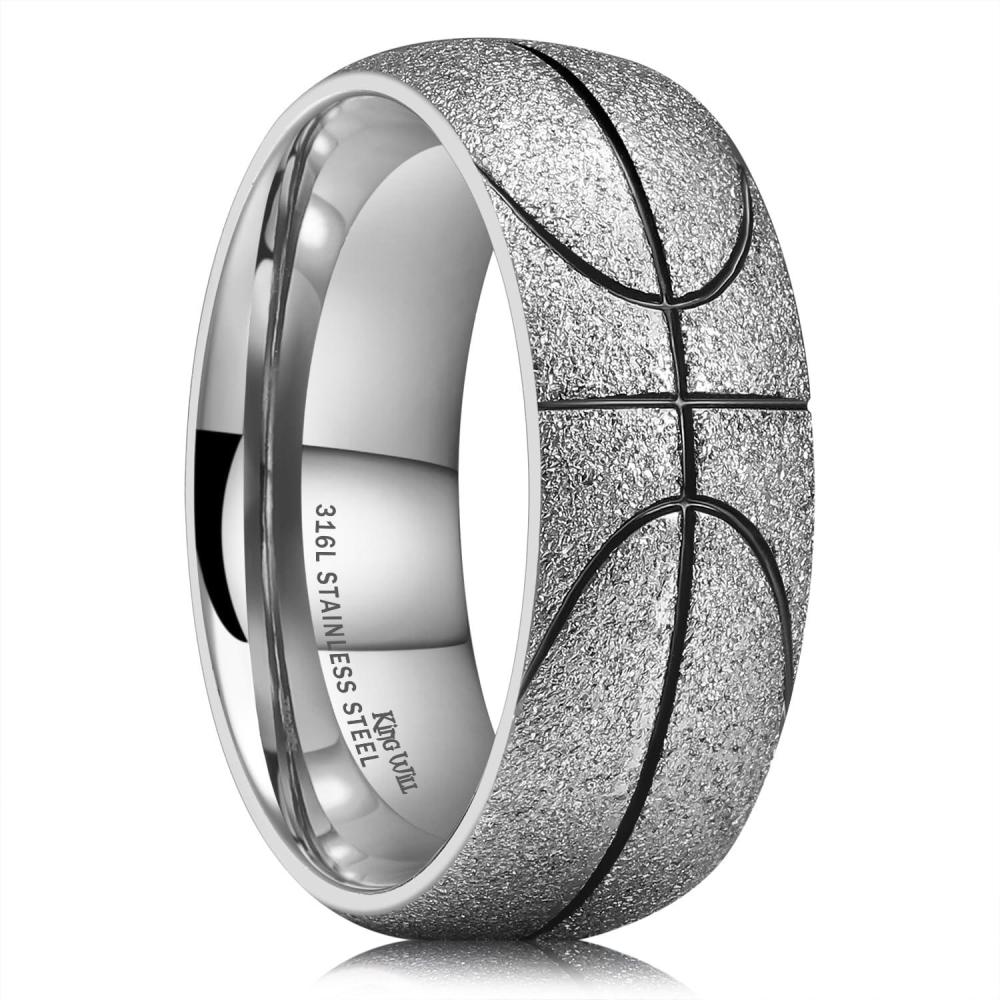 imageKing Will Stainless Steel Mens Ring Basketball Mens Wedding Ring 8mm Arc Design with Etched Basketball Pattern Aged SilverGold Finish with Black Grooves Size 714Basketball 8mm