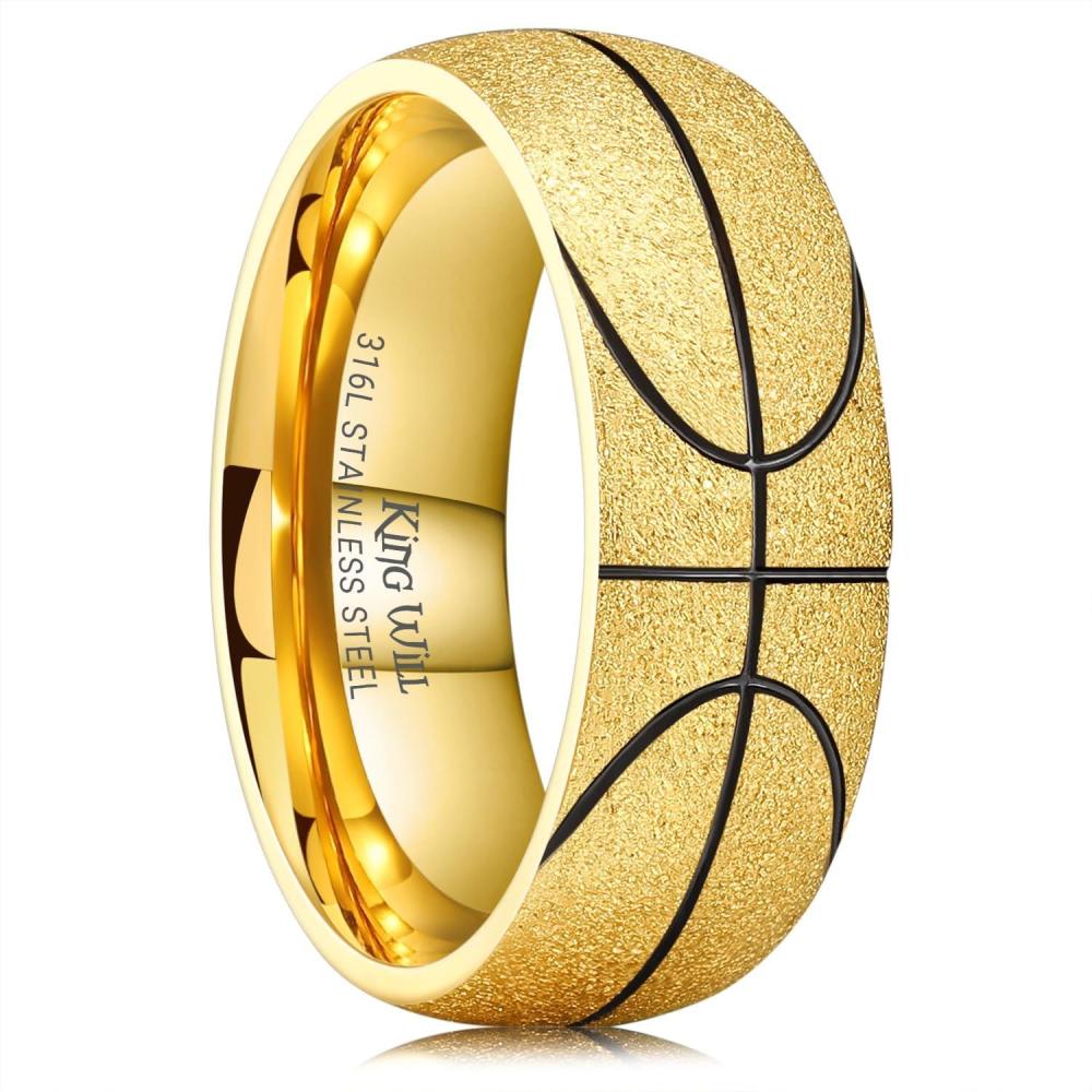 imageKing Will Stainless Steel Mens Ring Basketball Mens Wedding Ring 8mm Arc Design with Etched Basketball Pattern Aged SilverGold Finish with Black Grooves Size 714Gold