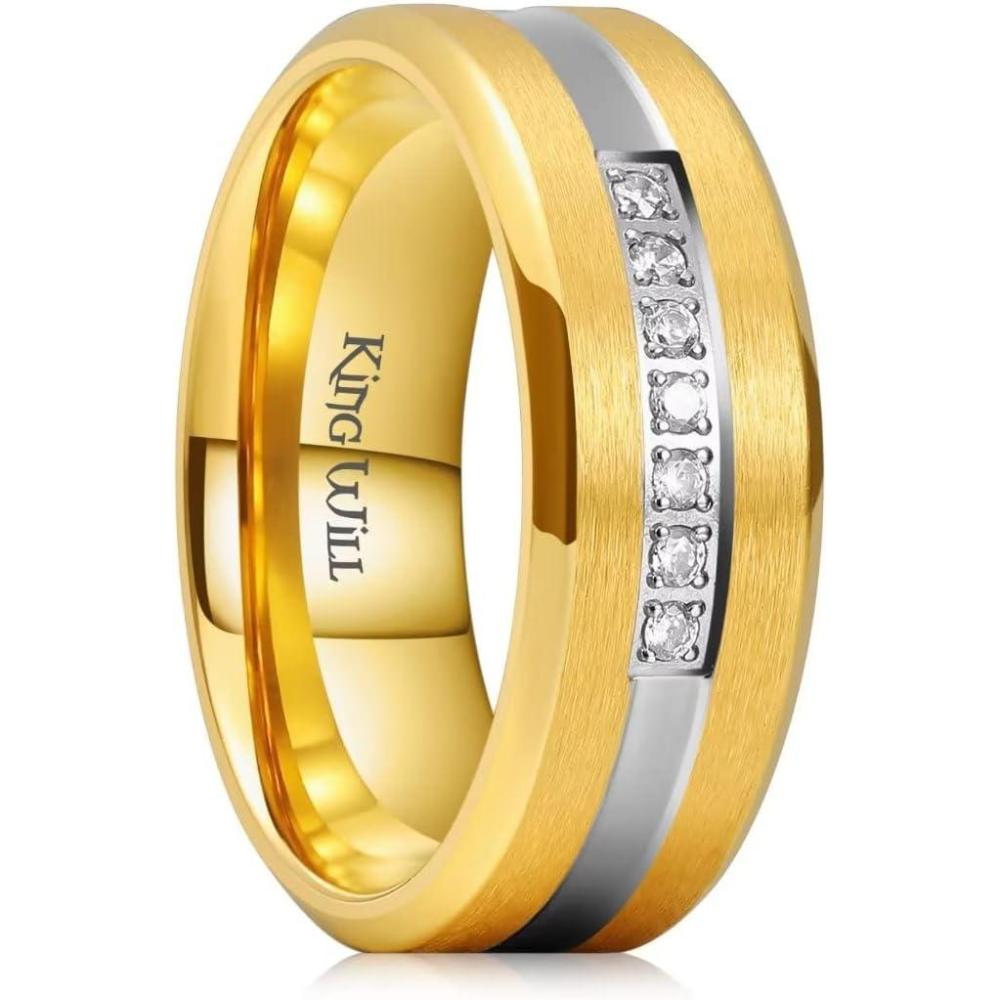 imageKing Will Titanium Wedding Band for Men Women8mm BlackSilverGold Wedding Ring with Cubic Zirconia CZ Inlay Matte Finish Engagement Promise Ring Comfort Fit Size 714Gold