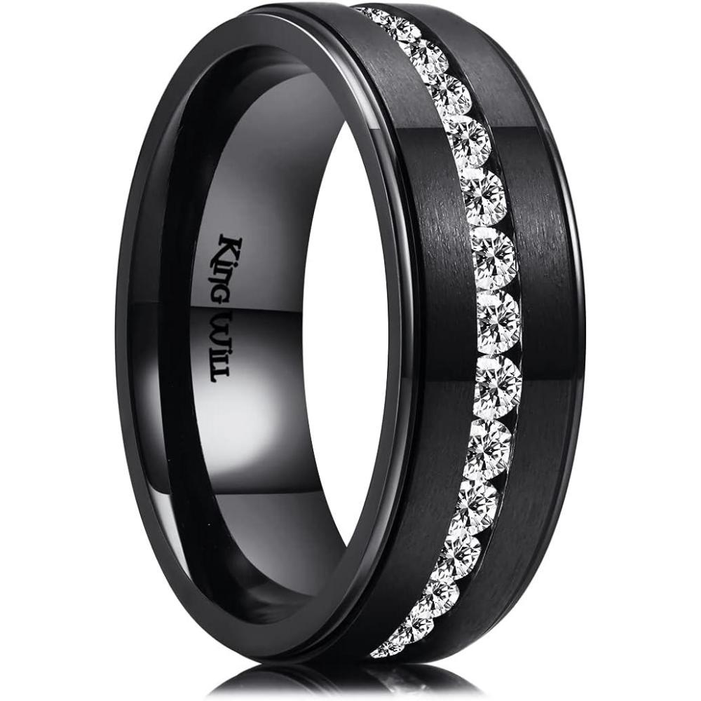 imageKing Will Titanium Wedding Band for Men Women8mm BlackSilverGold Wedding Ring with Cubic Zirconia CZ Inlay Matte Finish Engagement Promise Ring Comfort Fit Size 714Black
