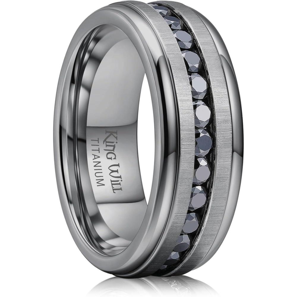 imageKing Will Titanium Wedding Band for Men Women8mm BlackSilverGold Wedding Ring with Cubic Zirconia CZ Inlay Matte Finish Engagement Promise Ring Comfort Fit Size 714Gunmetal GrayBlack