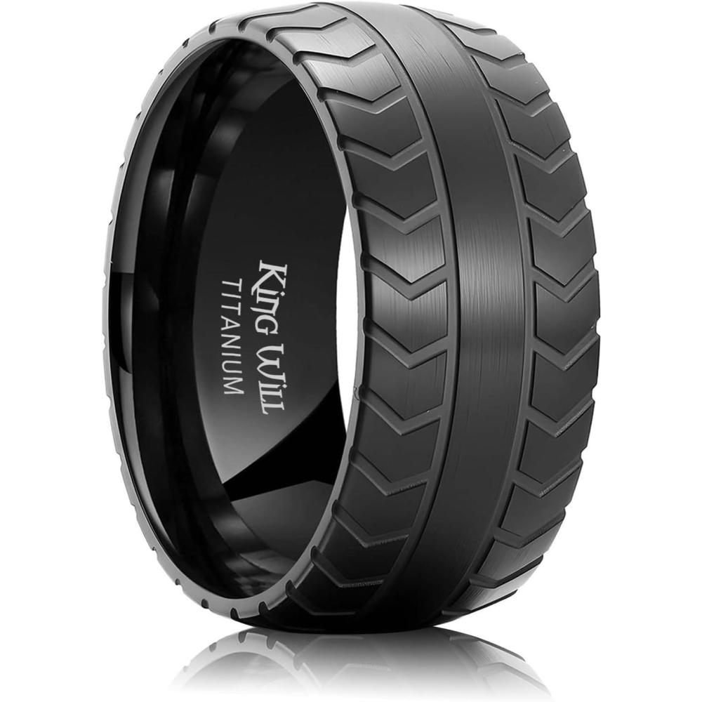 imageKing Will Titanium Wedding Ring for Men Women10mm Black Wedding Band with SingleDirection Tread Pattern Design Comfort Fit for Everday Wear Size 9