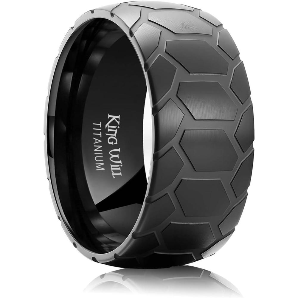 imageKing Will Titanium Wedding Ring for Men Women810mm Black Wedding Band with Tire Tread Pattern Design Comfort Fit for Everday Wear Size 91110mmBlackB