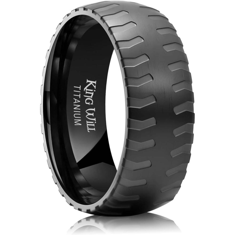 imageKing Will Titanium Wedding Ring for Men Women810mm Black Wedding Band with Tire Tread Pattern Design Comfort Fit for Everday Wear Size 9118mmBlack