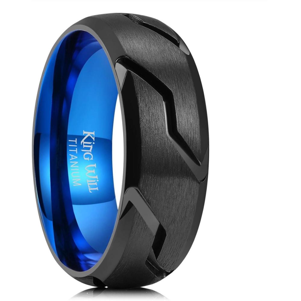 imageKing Will Titanium Wedding Ring for Men Women810mm Black Wedding Band with Tire Tread Pattern Design Comfort Fit for Everday Wear Size 9118mmBlackBlue C