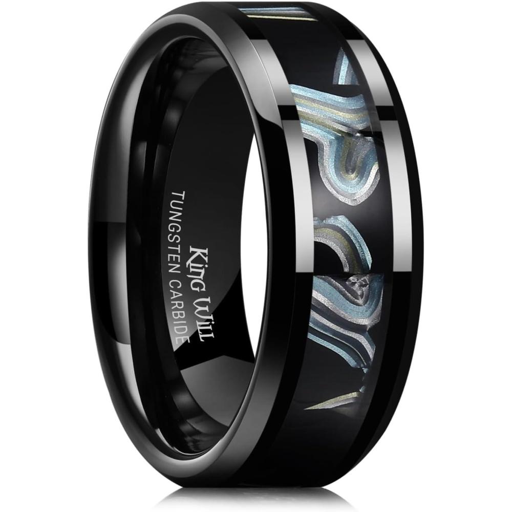 imageKing Will Tungsten Carbide Rings for Men Black Mens Wedding Band Colorful Shell Inlay Domed Polished8mm Colorful Horizontal Shell
