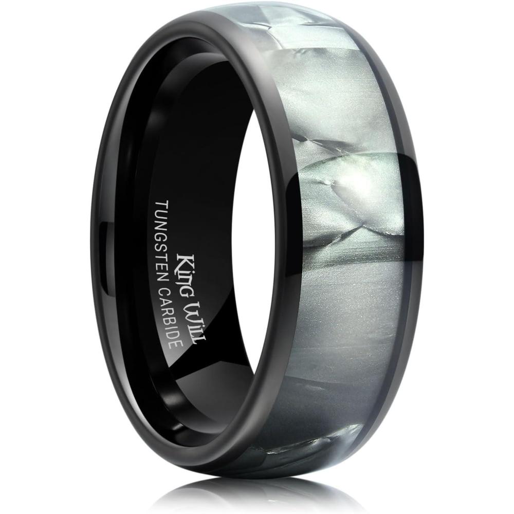 imageKing Will Tungsten Carbide Rings for Men Black Mens Wedding Band Colorful Shell Inlay Domed Polished8mm Grey
