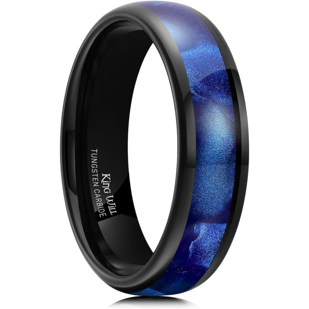 imageKing Will Tungsten Carbide Rings for Men Black Mens Wedding Band Colorful Shell Inlay Domed PolishedBlue