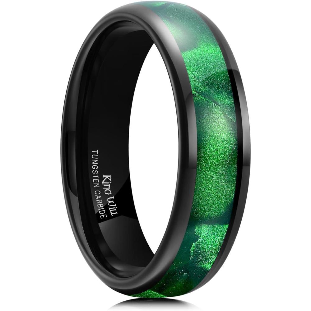 imageKing Will Tungsten Carbide Rings for Men Black Mens Wedding Band Colorful Shell Inlay Domed PolishedGreen