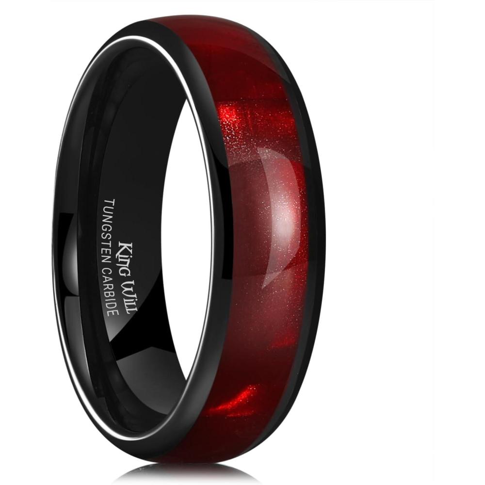 imageKing Will Tungsten Carbide Rings for Men Black Mens Wedding Band Colorful Shell Inlay Domed PolishedRed
