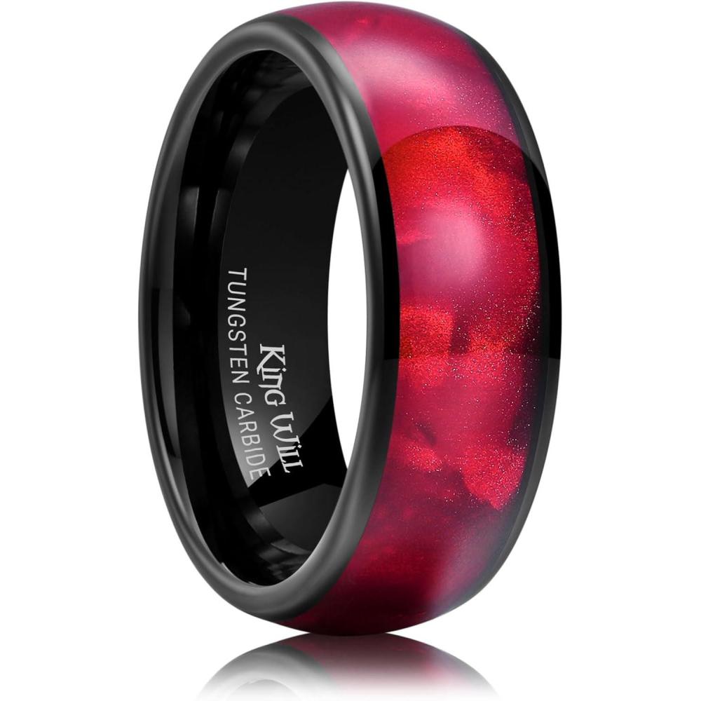 imageKing Will Tungsten Carbide Rings for Men Black Mens Wedding Band Colorful Shell Inlay Domed PolishedRed8mm