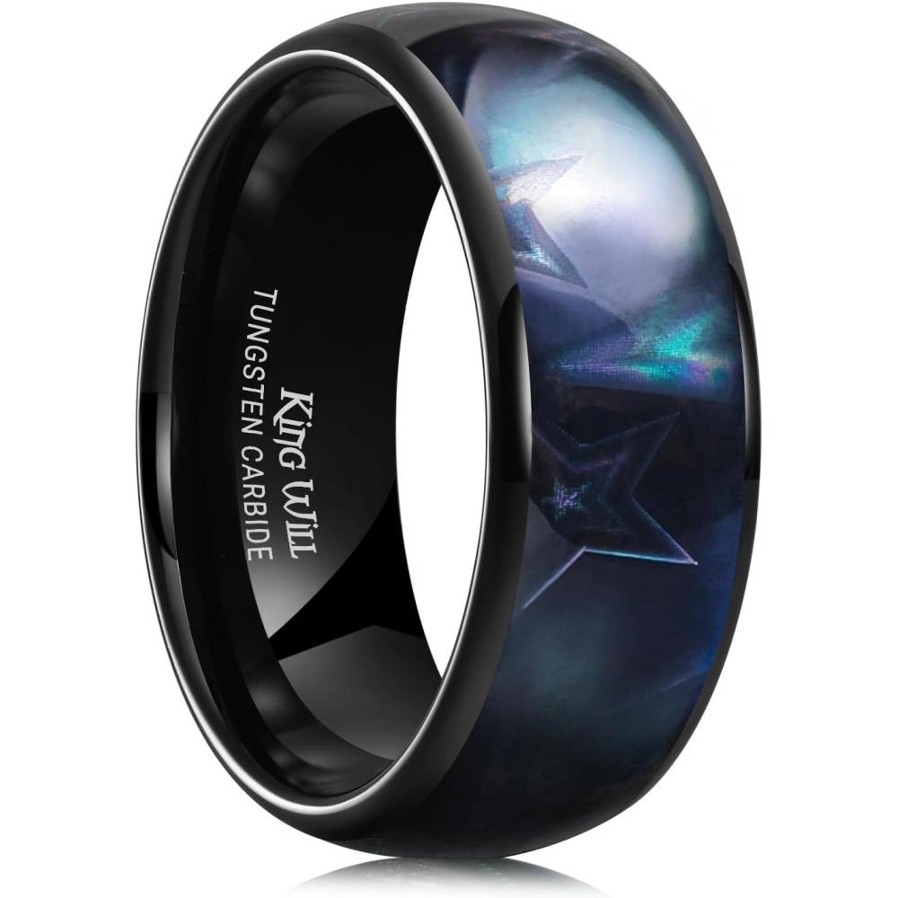 imageKing Will Tungsten Carbide Wedding Band for Men  8mm Black High Polished Domed Blue Green Gold 3D Stars Inlay Mens Ring for Everyday Wear Comfort Fit Size 714Black 8mm