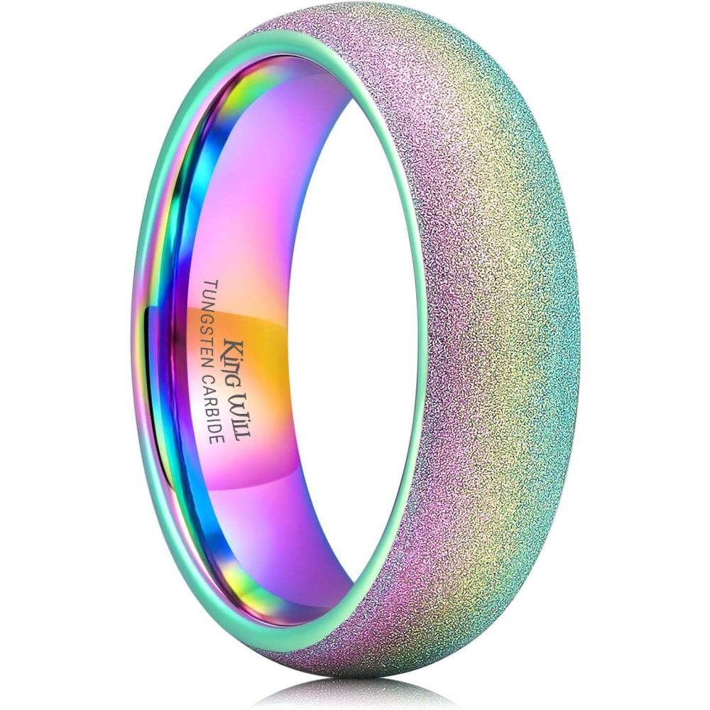 imageKing Will Tungsten Carbide Wedding Band for Men 8mm Black High Polished Domed Blue Green Gold 3D Stars Inlay Mens Ring for Everyday Wear Comfort Fit Size 714Rainbow6mm