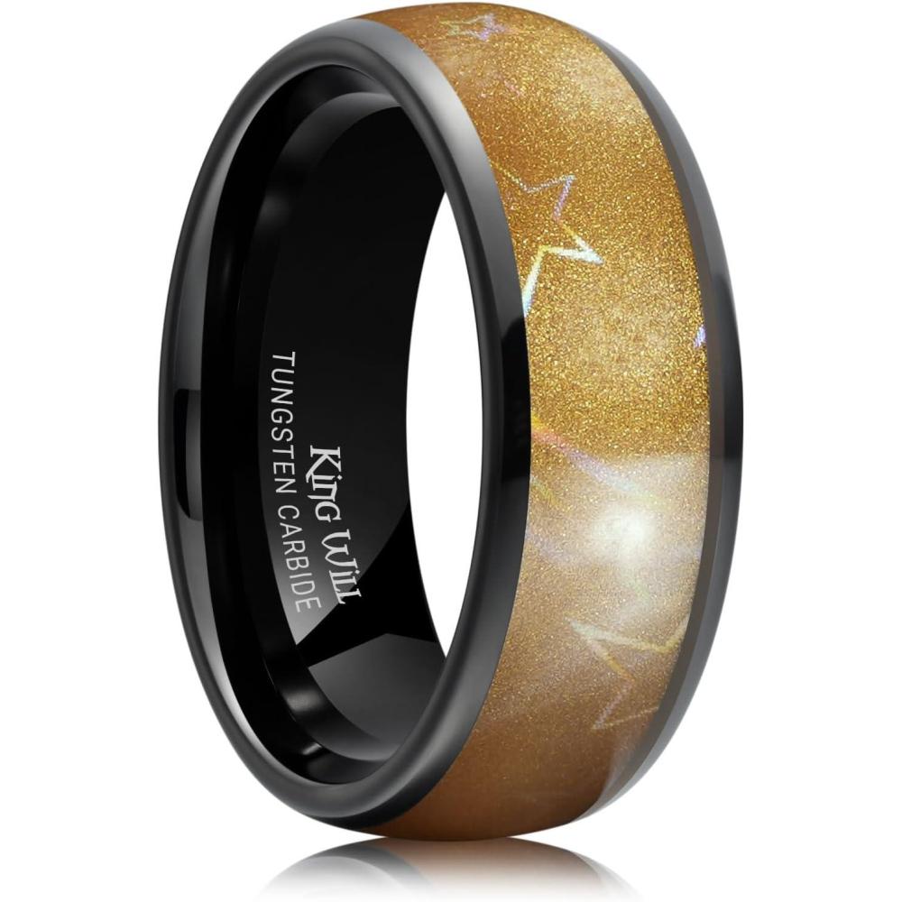 imageKing Will Tungsten Carbide Wedding Band for Men 8mm Black High Polished Domed Blue Green Gold 3D Stars Inlay Mens Ring for Everyday Wear Comfort Fit Size 714Gold8mm