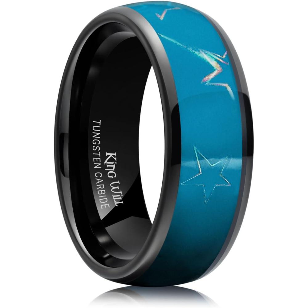 imageKing Will Tungsten Carbide Wedding Band for Men 8mm Black High Polished Domed Blue Green Gold 3D Stars Inlay Mens Ring for Everyday Wear Comfort Fit Size 714Sky Blue8mm