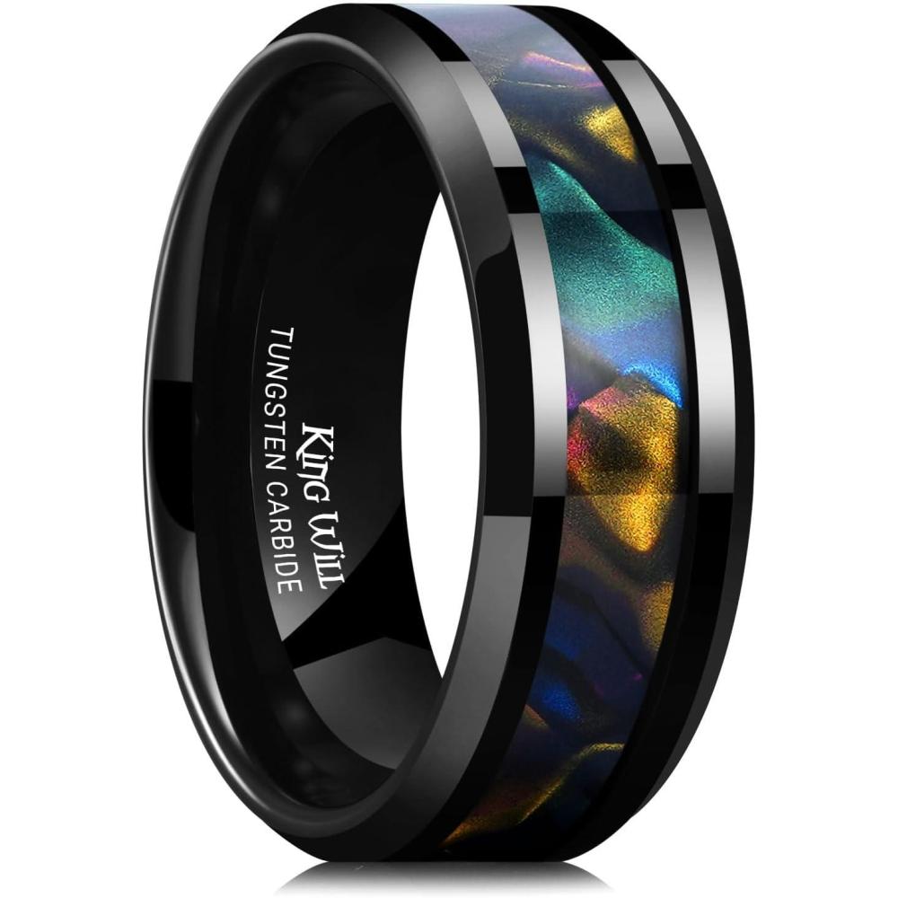 imageKing Will Tungsten Carbide Wedding Band for Men  8mm Black High Polished Inlay GreenBlack Olive Shell Texture Patterns for Everyday Wear Comfort FitAbalone Shell