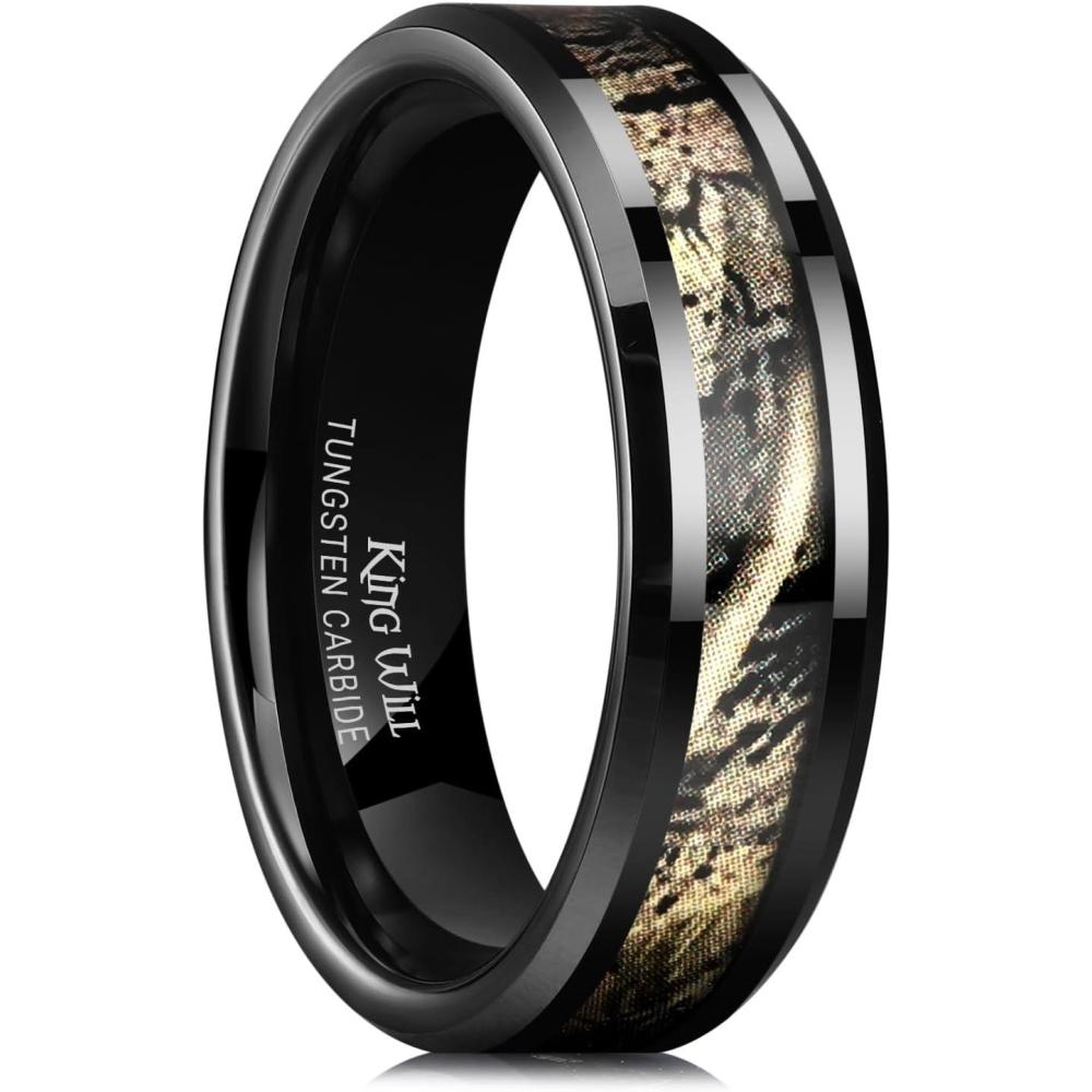 imageKing Will Tungsten Carbide Wedding Band for Men  8mm Black High Polished Inlay GreenBlack Olive Shell Texture Patterns for Everyday Wear Comfort FitBlack  Camo 6mm