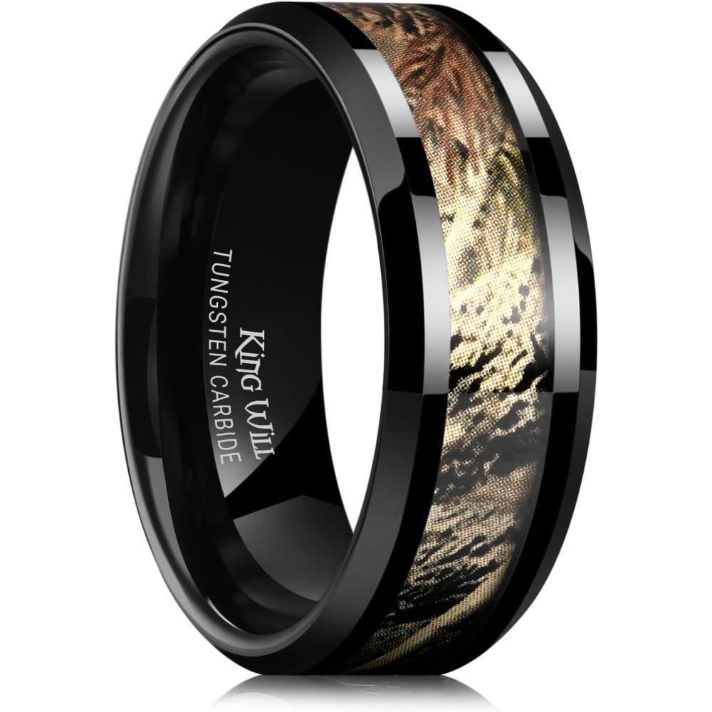 imageKing Will Tungsten Carbide Wedding Band for Men  8mm Black High Polished Inlay GreenBlack Olive Shell Texture Patterns for Everyday Wear Comfort FitBlack  Camo 8mm