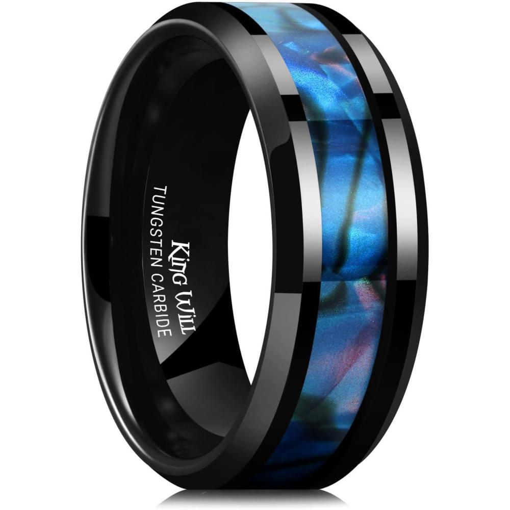 imageKing Will Tungsten Carbide Wedding Band for Men  8mm Black High Polished Inlay GreenBlack Olive Shell Texture Patterns for Everyday Wear Comfort FitBlue Green Shell