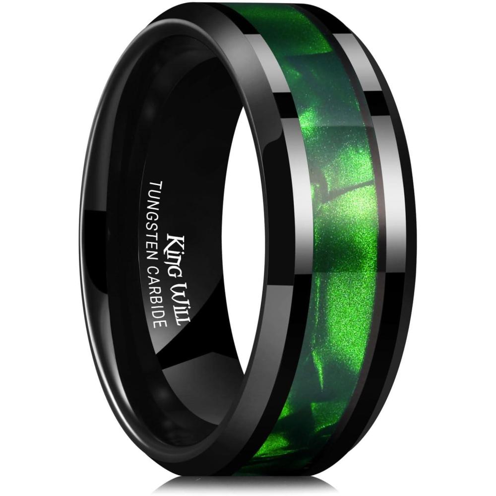 imageKing Will Tungsten Carbide Wedding Band for Men  8mm Black High Polished Inlay GreenBlack Olive Shell Texture Patterns for Everyday Wear Comfort FitGreen