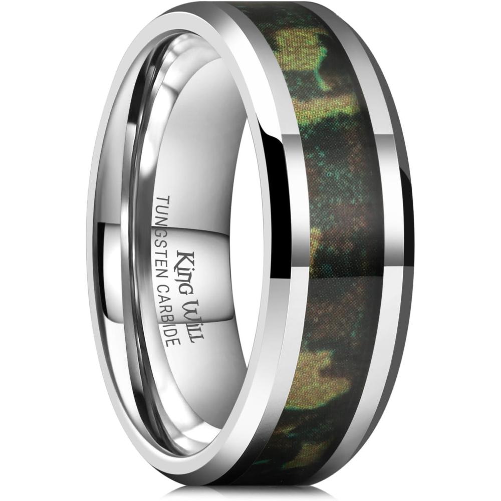 imageKing Will Tungsten Carbide Wedding Band for Men 8mm Black High Polished Inlay GreenBlack Olive Shell Texture Patterns for Everyday Wear Comfort FitSilver Green Camo 8mm