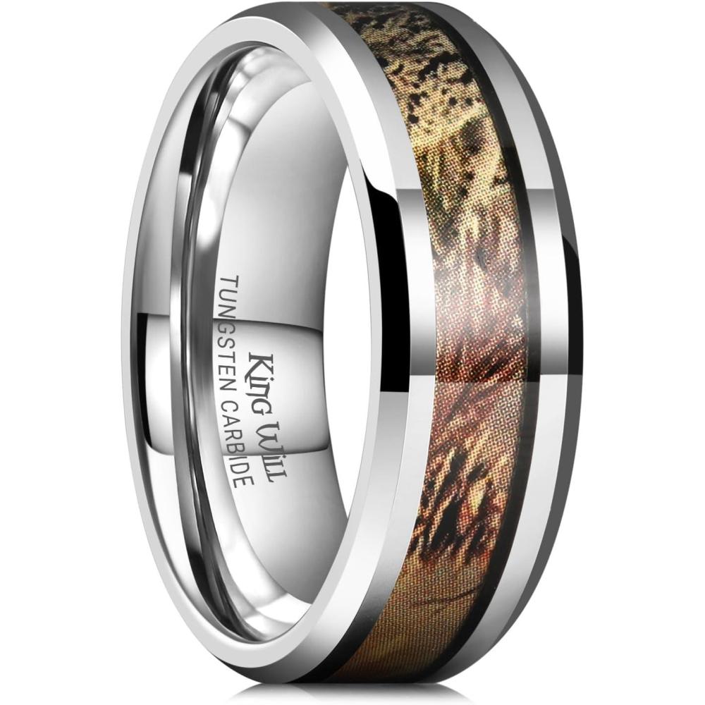 imageKing Will Tungsten Carbide Wedding Band for Men 8mm Black High Polished Inlay GreenBlack Olive Shell Texture Patterns for Everyday Wear Comfort FitSilver Camo 8mm