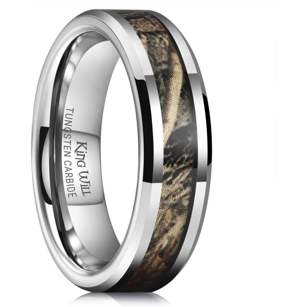 imageKing Will Tungsten Carbide Wedding Band for Men  8mm Black High Polished Inlay GreenBlack Olive Shell Texture Patterns for Everyday Wear Comfort FitSilver  Camo 6mm