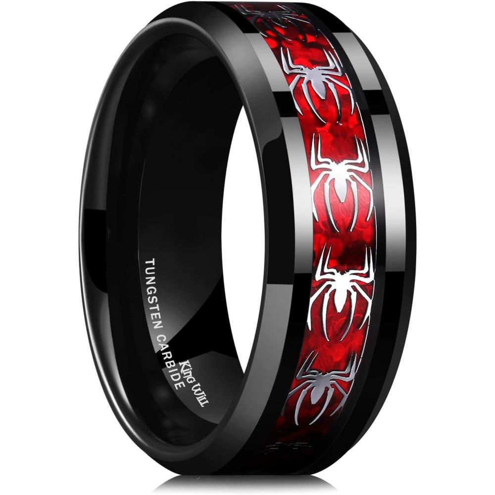 imageKing Will Tungsten Carbide Wedding Band for Men 8mm Black High Polished Inlay Spider for Everyday Wear Comfort FitBlack Red