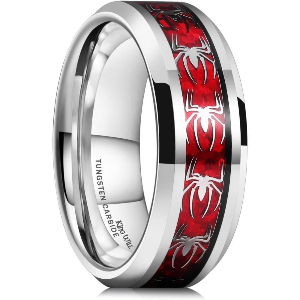 imageKing Will Tungsten Carbide Wedding Band for Men  8mm Black High Polished Inlay Spider for Everyday Wear Comfort FitSilver  Red
