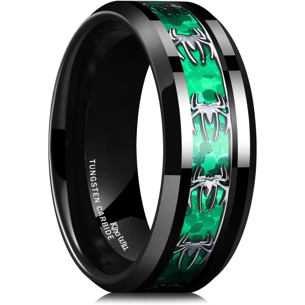 imageKing Will Tungsten Carbide Wedding Band for Men  8mm Black High Polished Inlay Spider for Everyday Wear Comfort Fitgreenblack